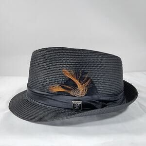 Stacy Adams Men’s Teardrop Homburg Straw Hat Black Feather Band Dress Fedora